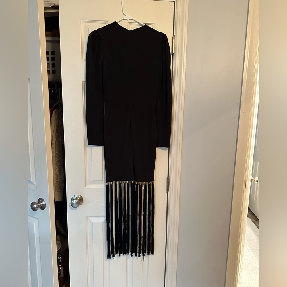 NWT - HELSI “Greta” Puff Sleeve Black Fringe Midi Dress with Gold Accents - Picture 14 of 15